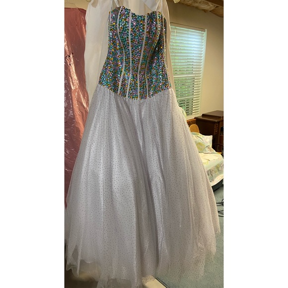 White with Multicolored Gems Prom Dress - Picture 1 of 4